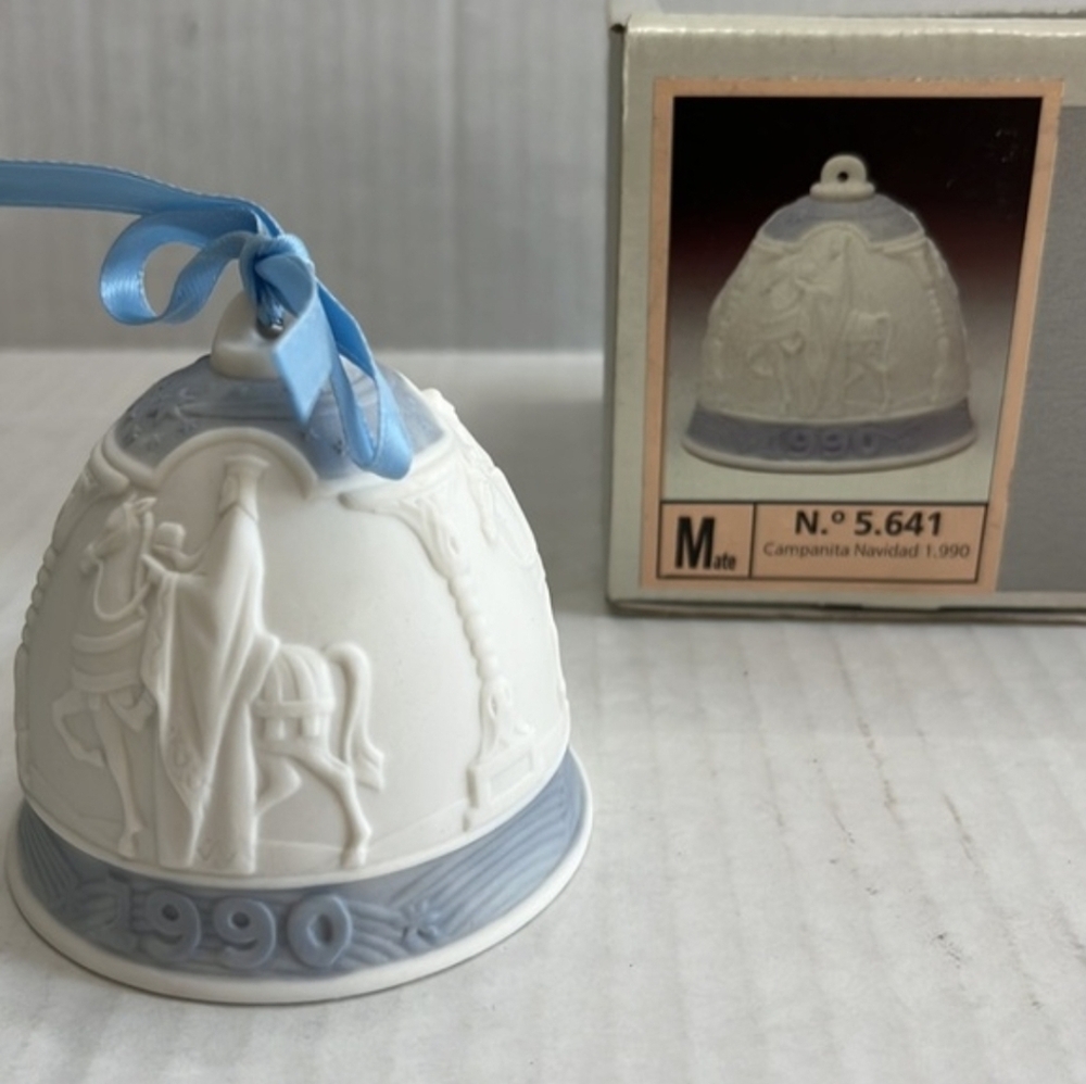 1990 Lladro White and Blue Christmas Bell Ornament